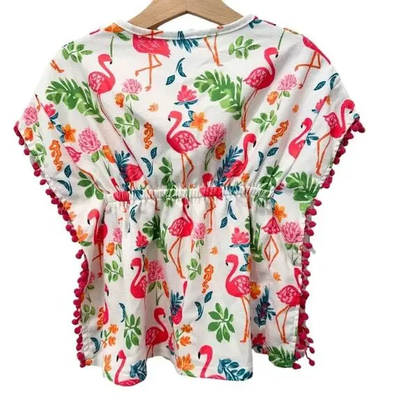 Swim Cover Up Flamingo and Tropical Print Pink, Ivory, Green 2T - Picture 5 of 6